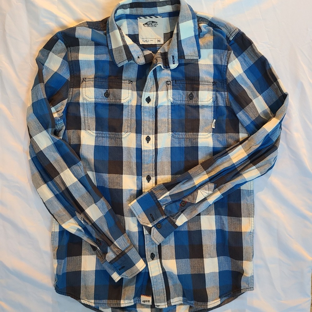 Vans Off The Wall Navy Blue Plaid Long Sleeve Button Up Shirt Men's‎ M Skater